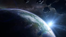 Un essaim des asteroïdes se déplaçant vers la terre de planète illustration de vecteur Un essaim des asteroïdes se déplaçant vers la terre de planète illustration de vecteur