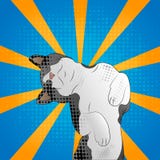 Un gatto felice nello stile di Pop art Cartolina d'auguri Gatto grigio felice divertente con le zampe allevate, vettore animale s illustrazione vettoriale Un gatto felice nello stile di Pop art Cartolina d'auguri Gatto grigio felice divertente con le zampe allevate, vettore animale s illustrazione vettoriale