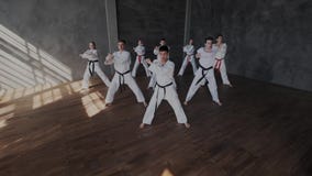 Un groupe d'athlètes dans des kimonos blancs exécute synchroniquement un ensemble d'exercices du Taekwondo L'école de combat du banque de vidéos Un groupe d'athlètes dans des kimonos blancs exécute synchroniquement un ensemble d'exercices du Taekwondo L'école de combat du banque de vidéos