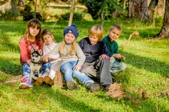 Un gruppo di cinque bambini che giocano con il cucciolo del husky nel parco Fotografie Stock Un gruppo di cinque bambini che giocano con il cucciolo del husky nel parco Fotografie Stock