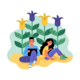 Un hombre y una mujer con los ordenadores portátiles rodeados por las flores Ilustración del vector stock de ilustración Un hombre y una mujer con los ordenadores portátiles rodeados por las flores Ilustración del vector stock de ilustración