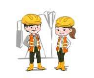 Un hombre y una mujer son trabajo sobre plataformas petroleras, y en la industria petrolera ejemplo, dibujo de la mano ilustración del vector Un hombre y una mujer son trabajo sobre plataformas petroleras, y en la industria petrolera ejemplo, dibujo de la mano ilustración del vector