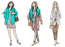 Un insieme dell'illustrazione di modo di vettore di tre ragazze alla moda nello stile di affari nei colori beige e grigi blu isol royalty illustrazione gratis Un insieme dell'illustrazione di modo di vettore di tre ragazze alla moda nello stile di affari nei colori beige e grigi blu isol royalty illustrazione gratis