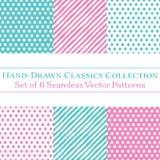 Un insieme di 6 modelli coordinati disegnati a mano classici, pois e bande diagonali di Candy, in menta e nel rosa di bambino illustrazione di stock Un insieme di 6 modelli coordinati disegnati a mano classici, pois e bande diagonali di Candy, in menta e nel rosa di bambino illustrazione di stock