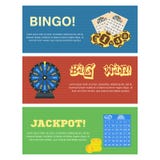 Un insieme di tre insegne orizzontali di lotteria con il bollettino ettichetta la macchina di disegno delle palle di bingo ed il Fotografie Stock Libere da Diritti Un insieme di tre insegne orizzontali di lotteria con il bollettino ettichetta la macchina di disegno delle palle di bingo ed il Fotografie Stock Libere da Diritti