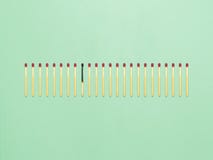 Un match brûlé dans une rangée matchs inutilisés des tous neufs sur le fond vert image stock Un match brûlé dans une rangée matchs inutilisés des tous neufs sur le fond vert image stock