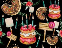 Un modèle sans couture se compose principalement des butées toriques et des divers éléments et objets de fête de décor illustration stock Un modèle sans couture se compose principalement des butées toriques et des divers éléments et objets de fête de décor illustration stock