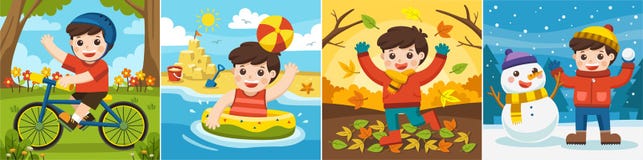 Un muchacho lindo que juega en diversas estaciones stock de ilustración Un muchacho lindo que juega en diversas estaciones stock de ilustración