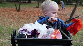 Un niño pequeño lanza la basura en la basura en la calle El concepto de gestión de desechos y de protección del medio ambiente Ap metrajes Un niño pequeño lanza la basura en la basura en la calle El concepto de gestión de desechos y de protección del medio ambiente Ap metrajes