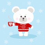 Un oso polar de la Navidad linda en suéter rojo con la taza roja de té o de café en fondo de la nieve en estilo plano de la histo ilustración del vector Un oso polar de la Navidad linda en suéter rojo con la taza roja de té o de café en fondo de la nieve en estilo plano de la histo ilustración del vector