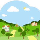 Un paisaje rural con las casas, las colinas verdes, los árboles y el camino stock de ilustración Un paisaje rural con las casas, las colinas verdes, los árboles y el camino stock de ilustración