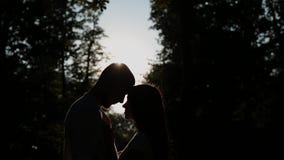 Un par cariñoso abraza y los besos contra el contexto de la puesta del sol, la sol pasan a través de su cara almacen de metraje de vídeo Un par cariñoso abraza y los besos contra el contexto de la puesta del sol, la sol pasan a través de su cara almacen de metraje de vídeo