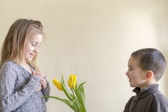 Un petit garçon mignon donne des fleurs à une fille qui est plus âgée que lui Le concept de l'amour et de l'amitié photo stock Un petit garçon mignon donne des fleurs à une fille qui est plus âgée que lui Le concept de l'amour et de l'amitié photo stock