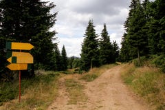 Un poste indicador por el borde de la carretera en la naturaleza de los bosques de la montaña Fotos de archivo libres de regalías Un poste indicador por el borde de la carretera en la naturaleza de los bosques de la montaña Fotos de archivo libres de regalías