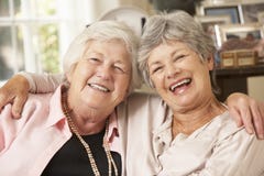 Un ritratto di due si è ritirato gli amici femminili senior che si siedono sul sofà Immagine Stock Libera da Diritti Un ritratto di due si è ritirato gli amici femminili senior che si siedono sul sofà Immagine Stock Libera da Diritti