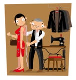 Un sarto di Hong Kong ottiene la misura di lunghezza del suo cliente illustrazione vettoriale Un sarto di Hong Kong ottiene la misura di lunghezza del suo cliente illustrazione vettoriale