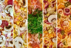 Un sistema de diversa pizza para el menú, con queso, con el jamón, con el salami, con las setas, con holopina con los tomates enc fotos de archivo Un sistema de diversa pizza para el menú, con queso, con el jamón, con el salami, con las setas, con holopina con los tomates enc fotos de archivo