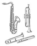 Un sistema de instrumentos musicales del viento Colección de tubos musicales Instrumentos musicales de cobre amarillo Vector blan stock de ilustración Un sistema de instrumentos musicales del viento Colección de tubos musicales Instrumentos musicales de cobre amarillo Vector blan stock de ilustración