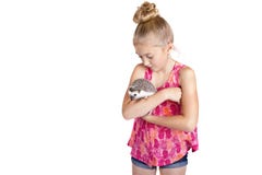 Una chica joven que abraza su erizo del animal doméstico, foto de archivo Una chica joven que abraza su erizo del animal doméstico, foto de archivo