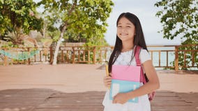 Una colegiala filipina encantadora con una mochila y los libros en un parque de la muchacha de la costa A alegre presenta, educán almacen de metraje de vídeo Una colegiala filipina encantadora con una mochila y los libros en un parque de la muchacha de la costa A alegre presenta, educán almacen de metraje de vídeo