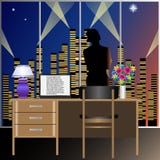 Una donna nell'ufficio esamina fuori la finestra la città di sera illustrazione vettoriale Una donna nell'ufficio esamina fuori la finestra la città di sera illustrazione vettoriale