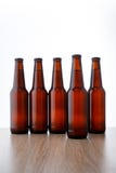 Una fila delle bottiglie di birra su fondo bianco fotografie stock Una fila delle bottiglie di birra su fondo bianco fotografie stock