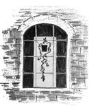 Una imagen abstracta áspera de una ventana con una flor en un pote Gr?fico de l?piz stock de ilustración Una imagen abstracta áspera de una ventana con una flor en un pote Gr?fico de l?piz stock de ilustración