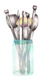 Una imagen (ejemplo) con los cepillos del maquillaje de la acuarela en un tarro de cristal libre illustration Una imagen (ejemplo) con los cepillos del maquillaje de la acuarela en un tarro de cristal libre illustration