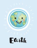 Una mascotte del giorno di terra del personaggio dei cartoni animati della terra sfoglia sul globo illustrazione di stock Una mascotte del giorno di terra del personaggio dei cartoni animati della terra sfoglia sul globo illustrazione di stock