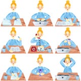 Una muchacha con el pelo rubio en azul, sistema de la oficina y actividades de la universidad libre illustration Una muchacha con el pelo rubio en azul, sistema de la oficina y actividades de la universidad libre illustration