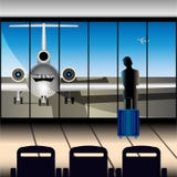 Una muchacha con una maleta en el aeropuerto mira el avión a través de una ventana grande stock de ilustración Una muchacha con una maleta en el aeropuerto mira el avión a través de una ventana grande stock de ilustración