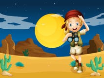 Una muchacha en el desierto con un telescopio stock de ilustración Una muchacha en el desierto con un telescopio stock de ilustración