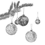 Una rama de un árbol de navidad con tres diversas bolas hermosas ilustración del vector Una rama de un árbol de navidad con tres diversas bolas hermosas ilustración del vector