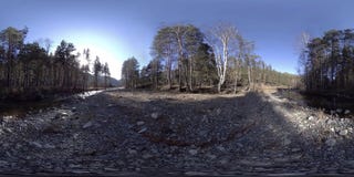 Una realtà virtuale di 360 VR dell'montagne, abetaia e fiume selvaggi scorre Raggi del parco nazionale, del prato e del sole stock footage Una realtà virtuale di 360 VR dell'montagne, abetaia e fiume selvaggi scorre Raggi del parco nazionale, del prato e del sole stock footage
