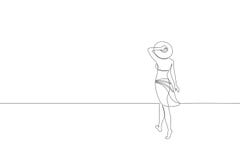 Una sola línea continua muchacha del arte que camina en concepto de la playa de la arena Viaje tropical del día de fiesta del ret stock de ilustración Una sola línea continua muchacha del arte que camina en concepto de la playa de la arena Viaje tropical del día de fiesta del ret stock de ilustración