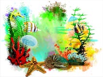 Underwater tropical world on an abstract watercolor background.