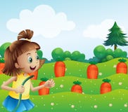 Une fille heureuse arrosant les carottes dans la ferme illustration stock Une fille heureuse arrosant les carottes dans la ferme illustration stock