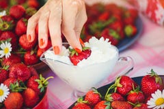 Une fraise fraîche avec de la crème dans une cuvette sur une table dans un jardin d'été est décorée des fleurs de camomille que l images libres de droits Une fraise fraîche avec de la crème dans une cuvette sur une table dans un jardin d'été est décorée des fleurs de camomille que l images libres de droits