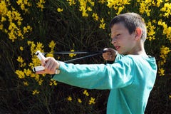 Une fronde de tir d'enfant sur un fond d'arbuste image libre de droits Une fronde de tir d'enfant sur un fond d'arbuste image libre de droits