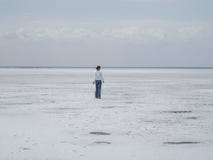 Une jeune fille dans une veste blanche est sur un désert blanc Le lac est couvert du sel photographie stock libre de droits Une jeune fille dans une veste blanche est sur un désert blanc Le lac est couvert du sel photographie stock libre de droits