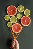 Une main femelle tient des ballons à air avec les fils oranges faits de tranches citron, chaux, l'orange, pamplemousse d'agrume s image libre de droits Une main femelle tient des ballons à air avec les fils oranges faits de tranches citron, chaux, l'orange, pamplemousse d'agrume s image libre de droits