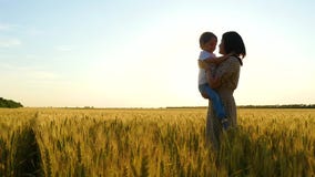 Une mère heureuse tient son bébé dans une étreinte sur un champ de blé pendant le coucher du soleil, la mère étreint et embrasse banque de vidéos Une mère heureuse tient son bébé dans une étreinte sur un champ de blé pendant le coucher du soleil, la mère étreint et embrasse banque de vidéos