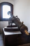Une petite arme à feu se tient dans un créneau à côté de la fenêtre dans le château de son Ville de son en Roumanie images stock Une petite arme à feu se tient dans un créneau à côté de la fenêtre dans le château de son Ville de son en Roumanie images stock