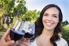 Ung kvinna som tycker om exponeringsglas av vin i vingård med vänner Royaltyfria Bilder Ung kvinna som tycker om exponeringsglas av vin i vingård med vänner Royaltyfria Bilder