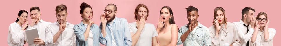 Unga män och kvinnor som viskar en hemlighet på rosa bakgrund royaltyfri foto Unga män och kvinnor som viskar en hemlighet på rosa bakgrund royaltyfri foto