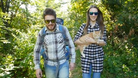 Unga par med deras katt med ryggsäckar i skogloppet och fotvandrabegreppet arkivfilmer Unga par med deras katt med ryggsäckar i skogloppet och fotvandrabegreppet arkivfilmer