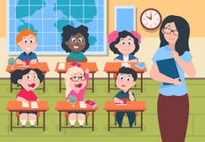 Ungar i klassrum L?rare och elever i grundskola, gulliga tecknad filmpojkar och studera f?r tecken f?r flickor lyckligt stock illustrationer Ungar i klassrum L?rare och elever i grundskola, gulliga tecknad filmpojkar och studera f?r tecken f?r flickor lyckligt stock illustrationer