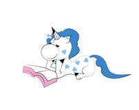 Cute little unicorn vector in blue hearts reading book. vector illustration Cute little unicorn vector in blue hearts reading book. vector illustration