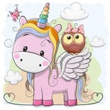Unicorno e gufo svegli del fumetto illustrazione vettoriale Unicorno e gufo svegli del fumetto illustrazione vettoriale