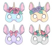 Unicorno variopinto di stile del fumetto con i disegni della maschera di vettore delle fasce del fiore illustrazione vettoriale Unicorno variopinto di stile del fumetto con i disegni della maschera di vettore delle fasce del fiore illustrazione vettoriale